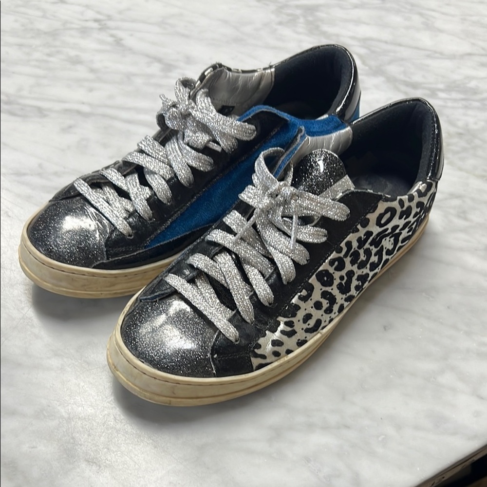 P448 John Sneaker in Metallic Silver Leopard and Blue Velour Size 40